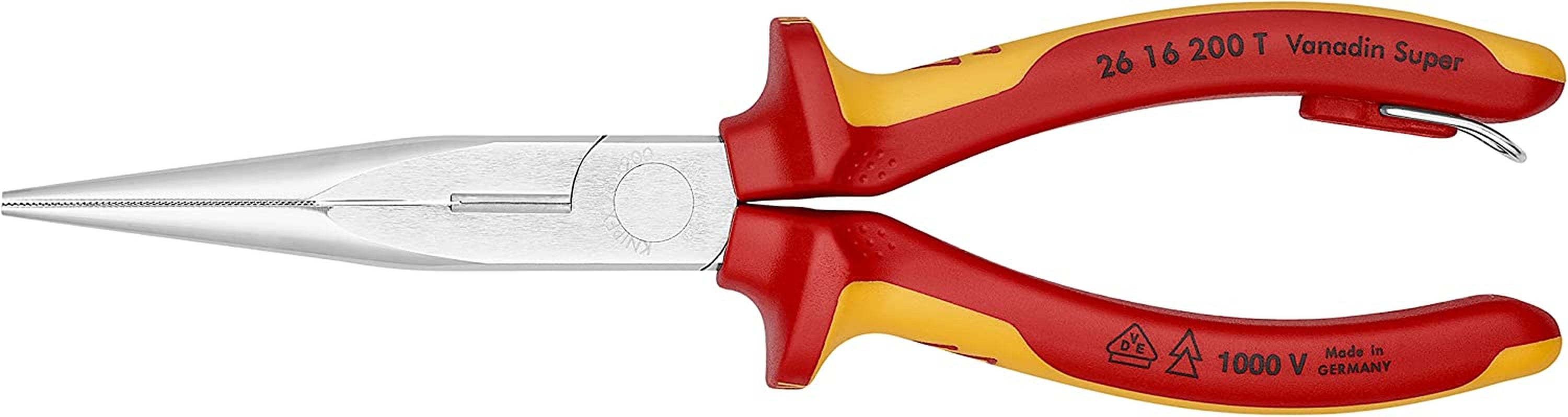 26 16 200 T Long Nose Pliers with Cutter-1000V Insulated-Tethered Attachment, 8'', Red/Yellow