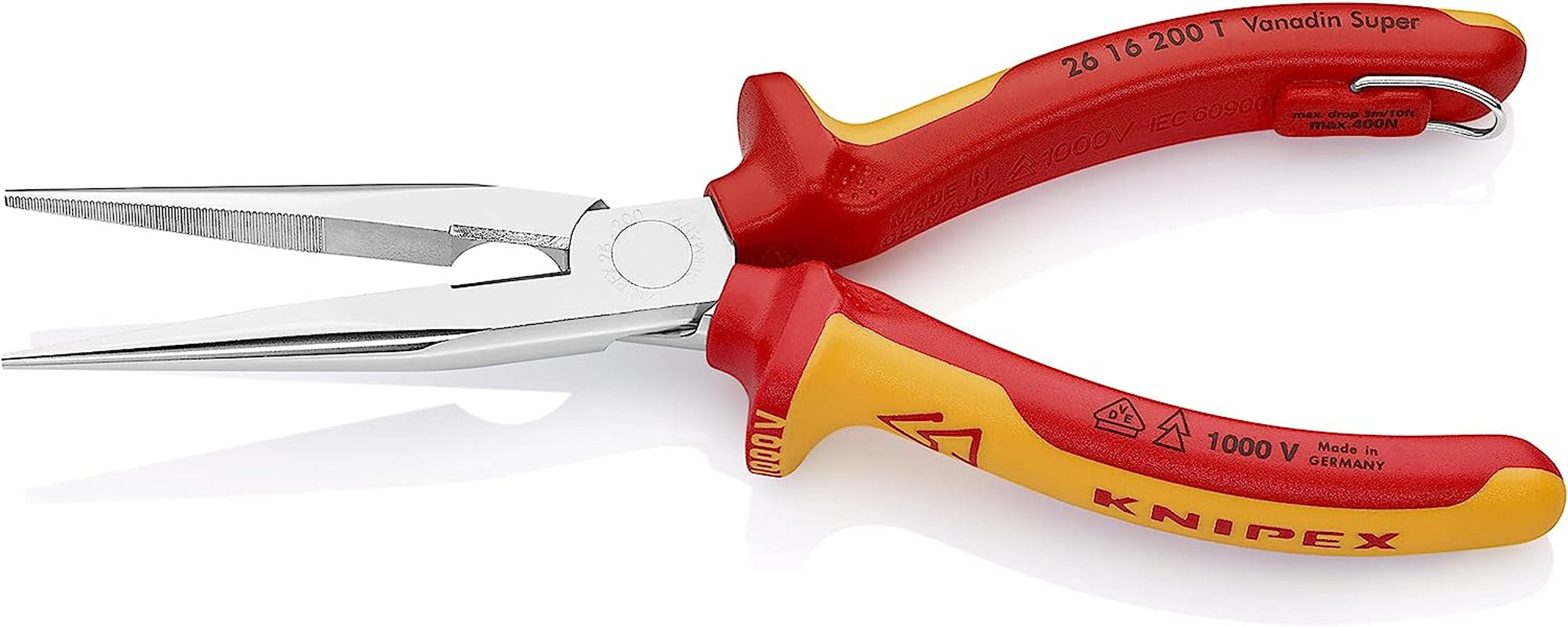 26 16 200 T Long Nose Pliers with Cutter-1000V Insulated-Tethered Attachment, 8'', Red/Yellow