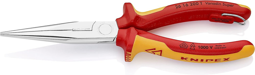 26 16 200 T Long Nose Pliers with Cutter-1000V Insulated-Tethered Attachment, 8'', Red/Yellow